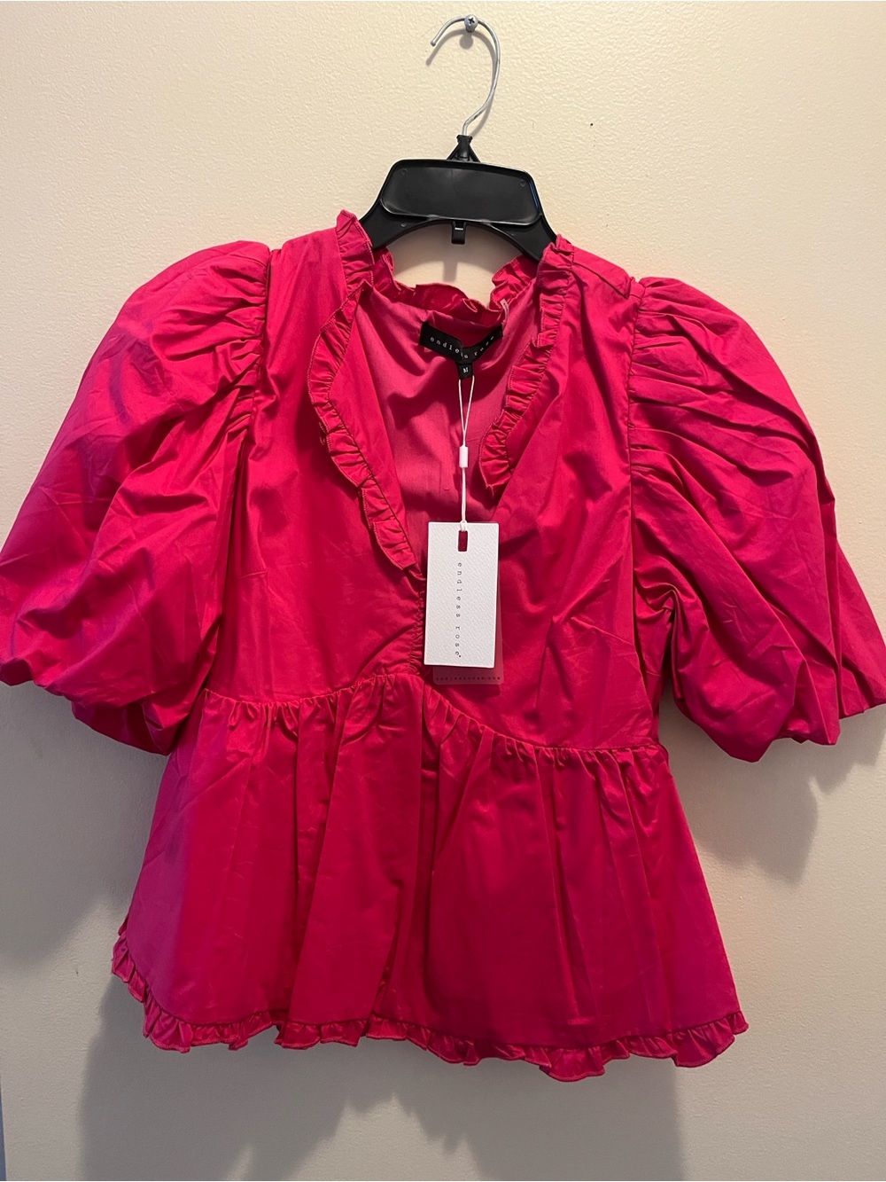 Endless Rose Fuchsia Puff Sleeve Ruffle Peplum Top